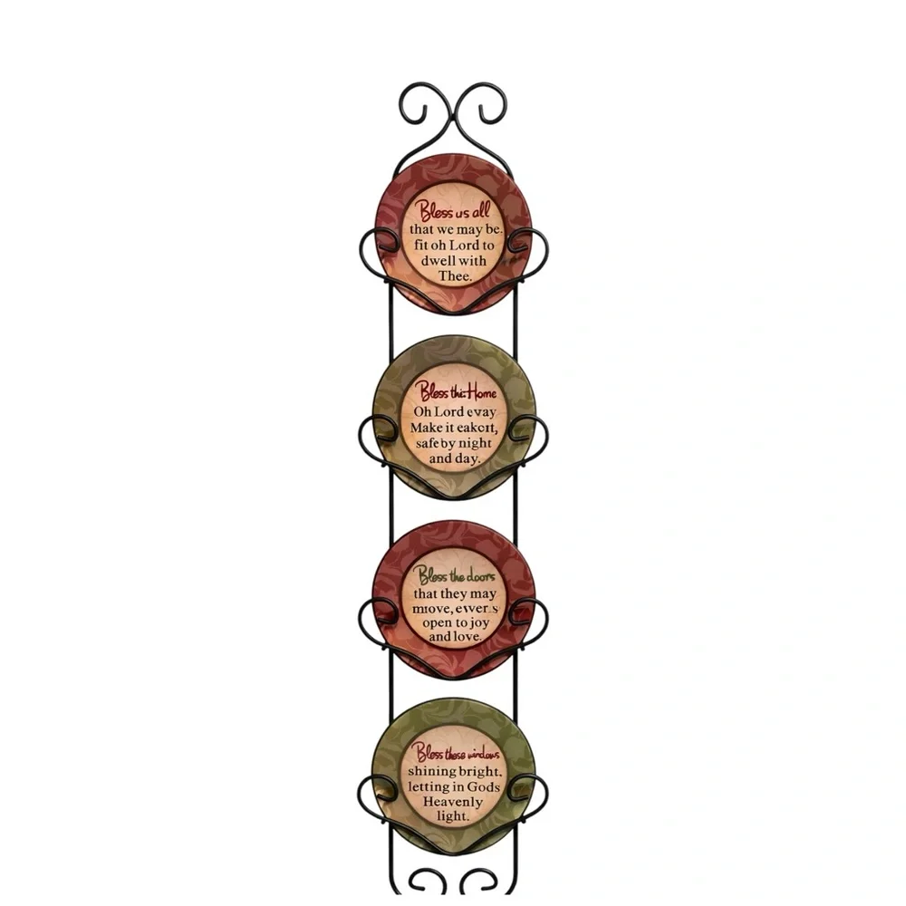 Bless This Home Wall Plaque Decor with 4 Plates Metal Scroll Rack